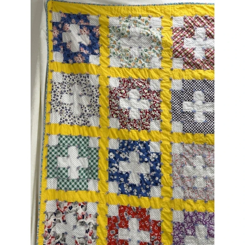 Handmade Plus Quilt Feed Sack Fabrics Hand Tied 72 x 87.5